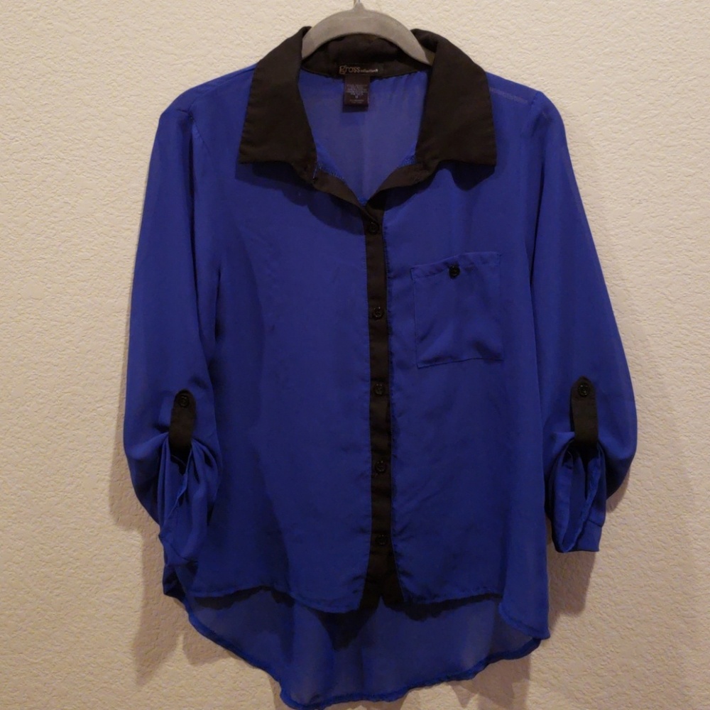 Blue/black Sheer Button Down Shirt